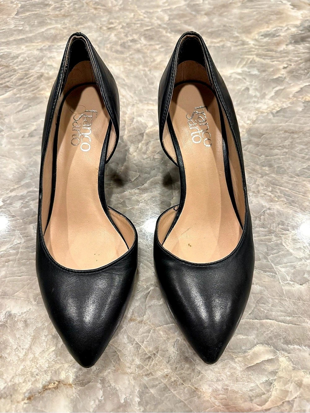 Franco Sarto Black Leather Pointed Toe Wedge Pumps Size 7